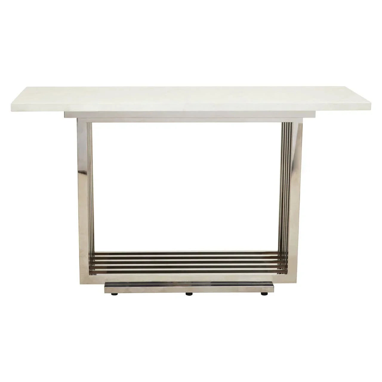 White marble top console table with chrome metal frame, modern rectangular design, front view
