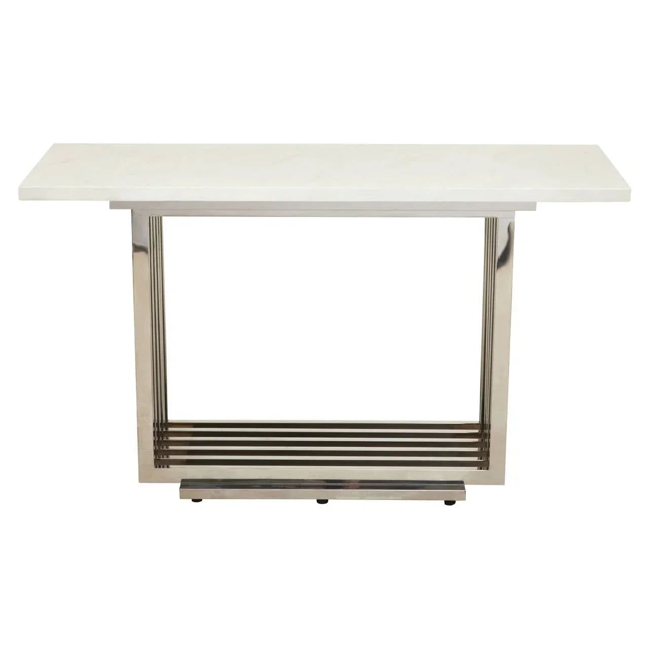Modern console table with white marble top and chrome metal base, front view