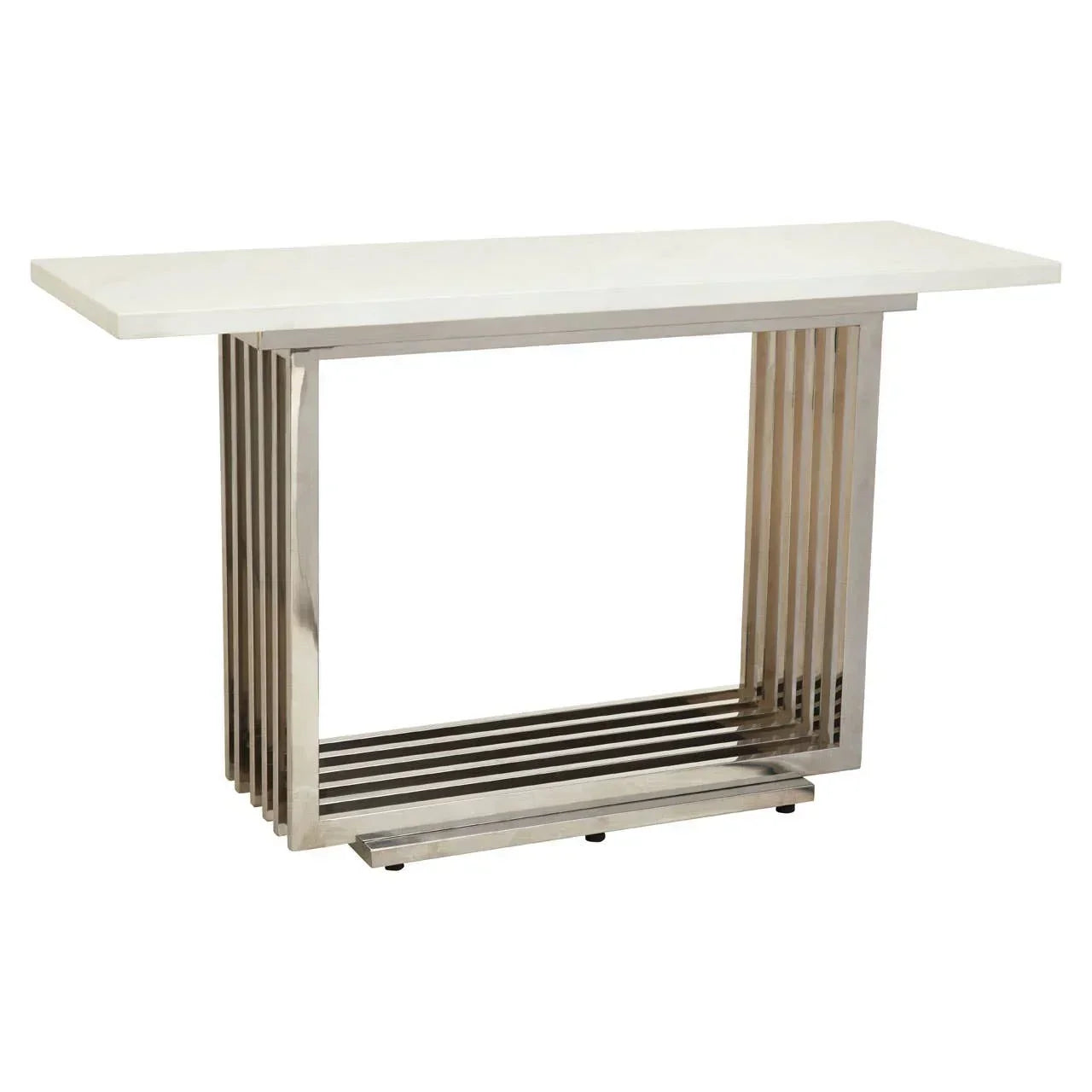 Modern console table with white marble top and geometric stainless steel base