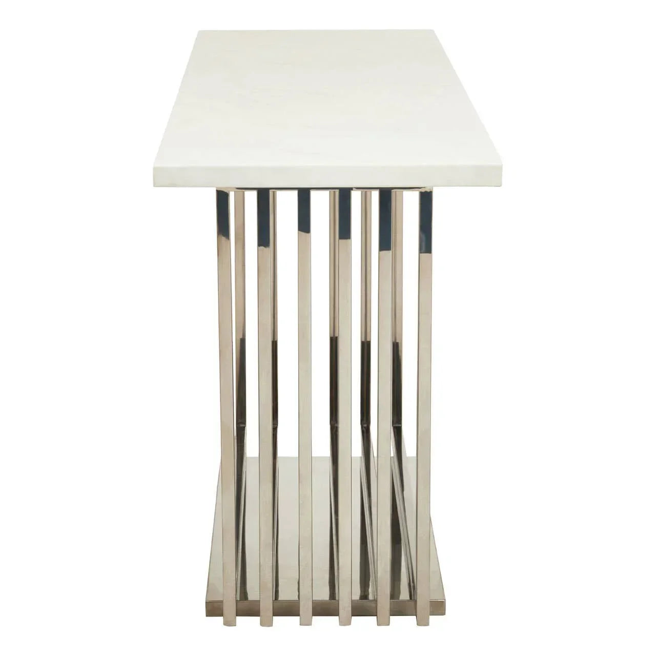 Rectangular console table with white marble top and chrome slatted metal base, side view