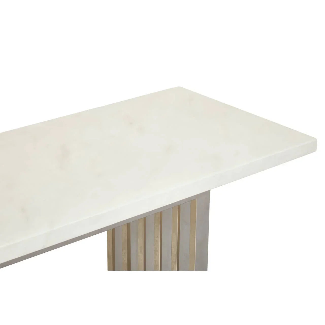 White marble console table top with gold metal slatted base, angled side view