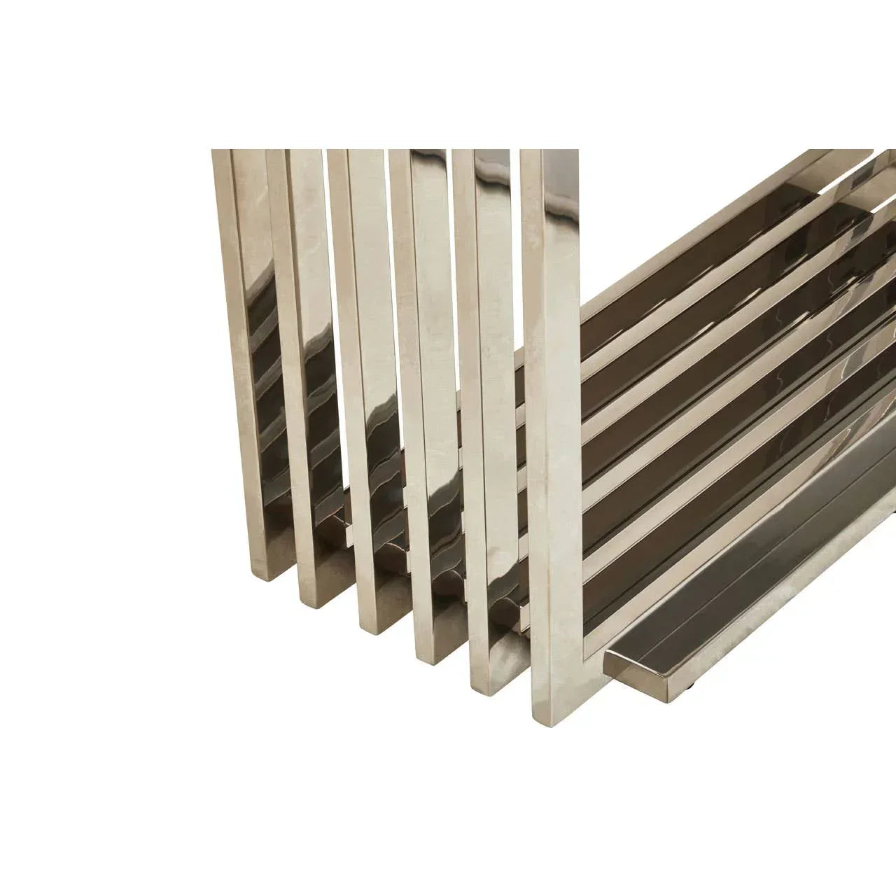 Chrome metal coffee table legs with geometric design and reflective finish