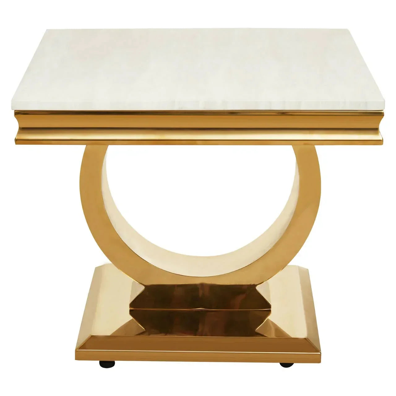 Gold metal side table with white marble top and circular base design