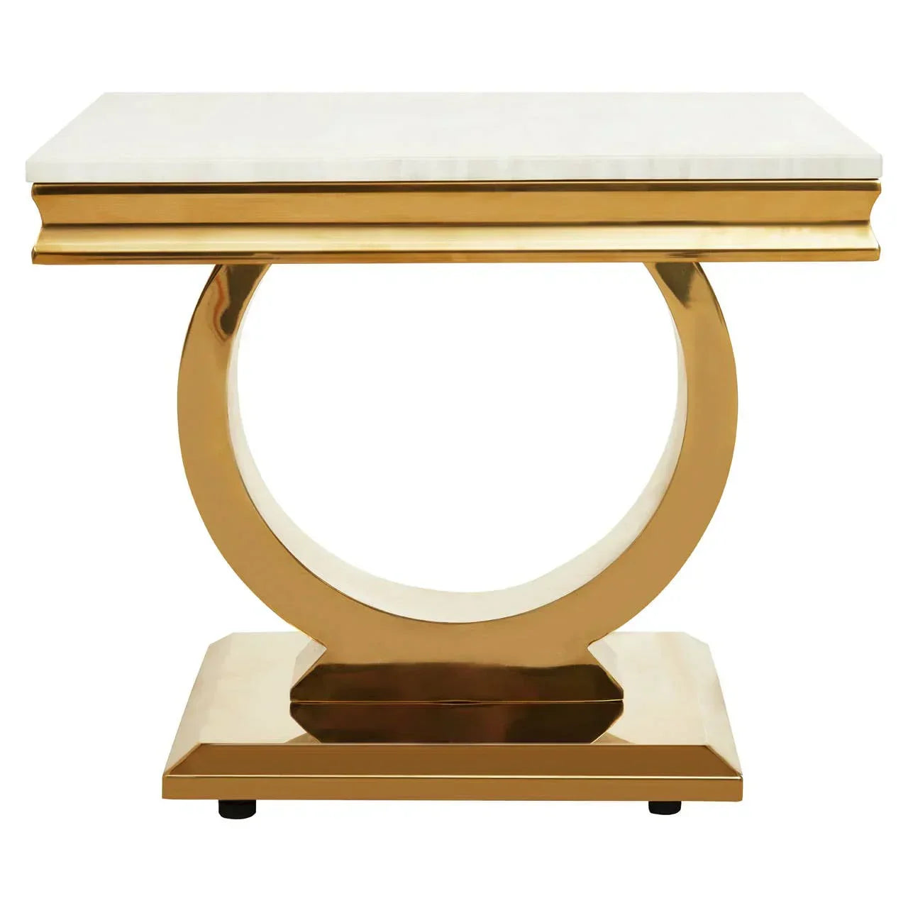 Modern console table with gold circular base and white marble top