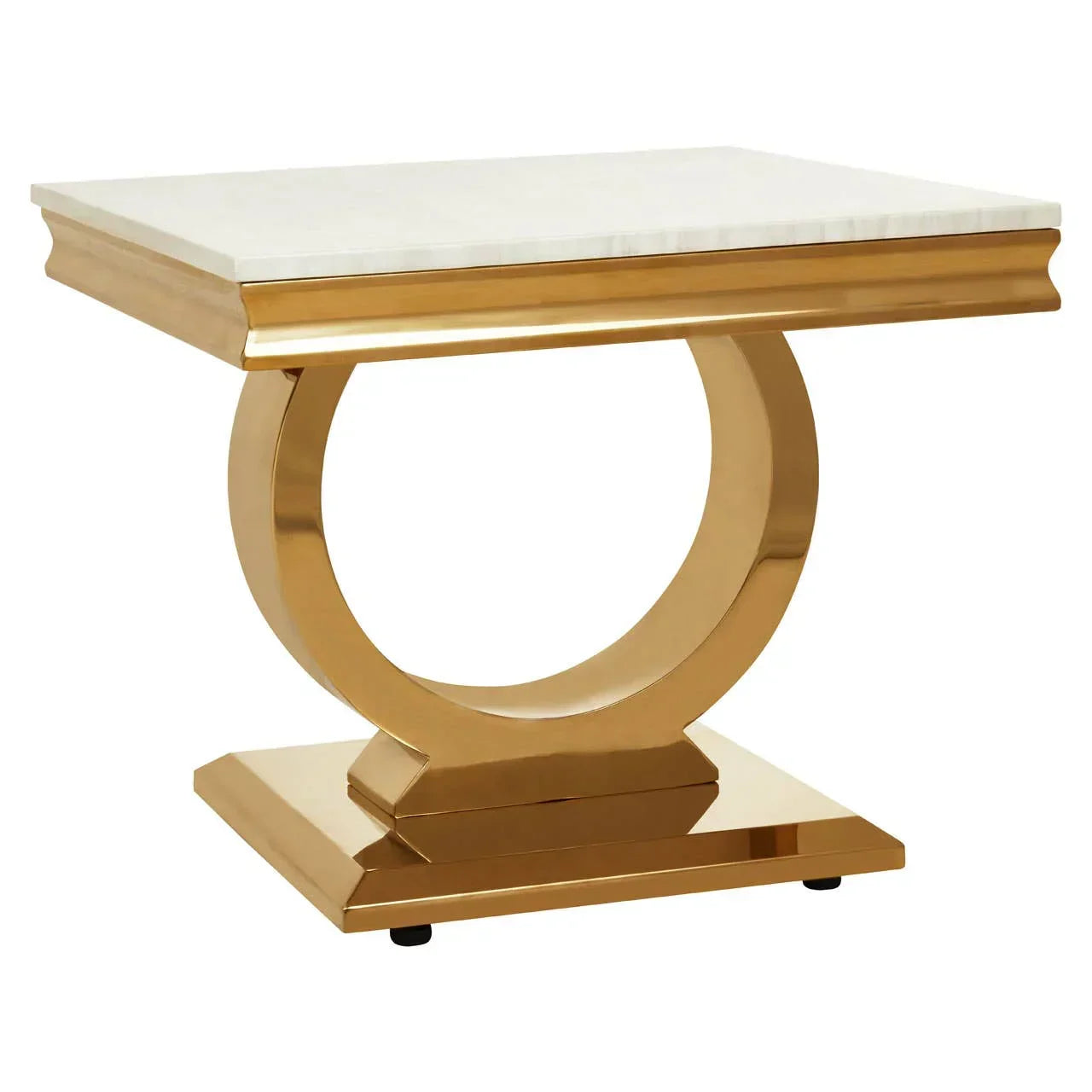 Gold metal and marble side table with circular base, modern living room accent furniture