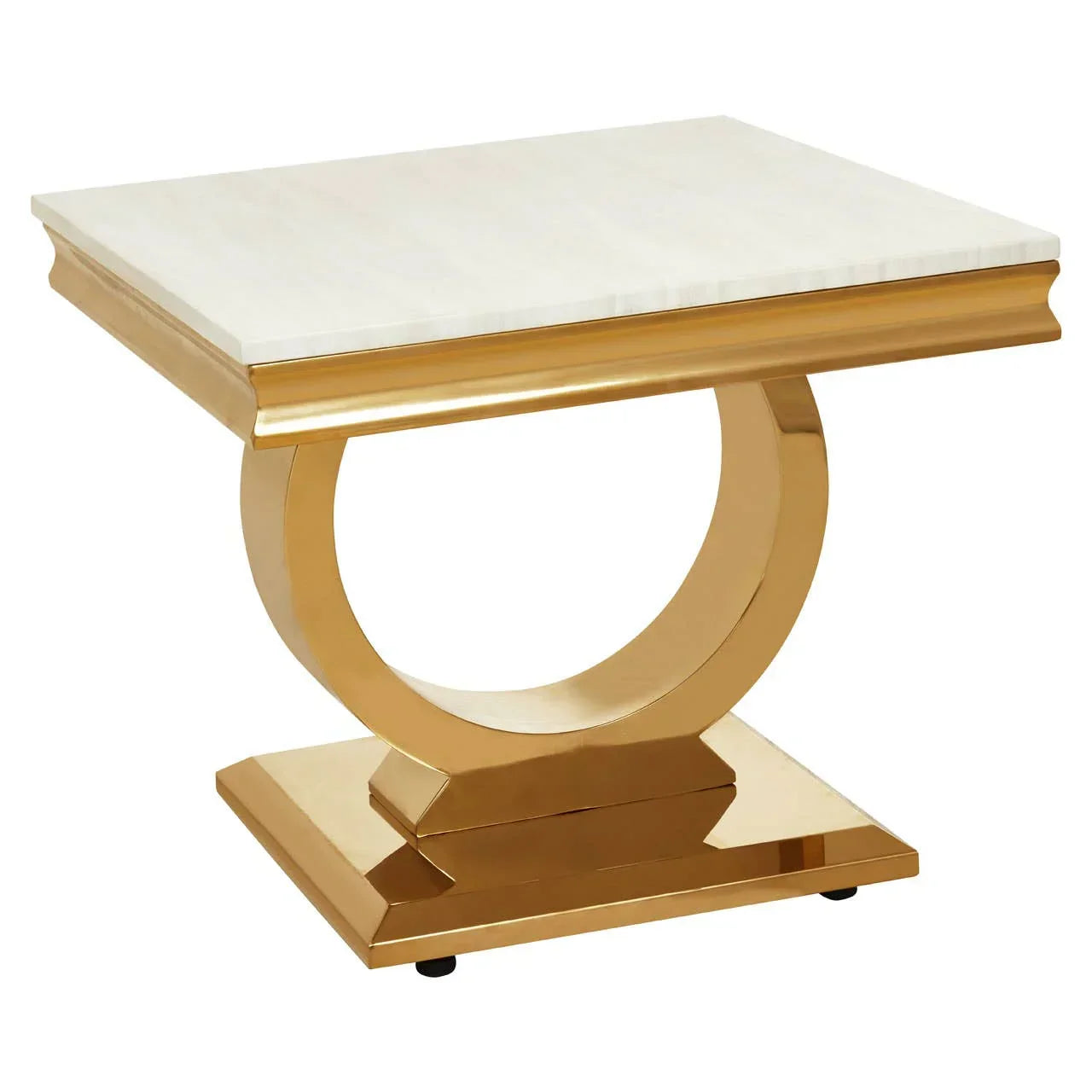 Gold side table with marble top and circular base design