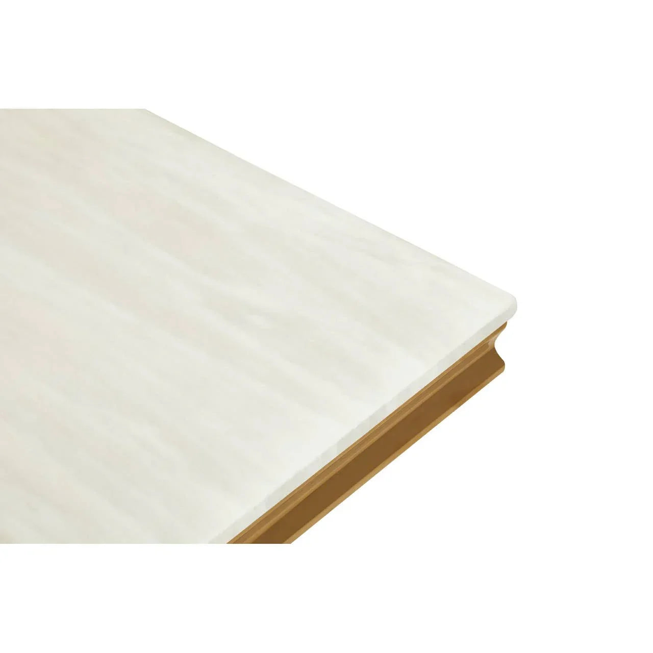 Closeup of marble dining table corner with wood trim