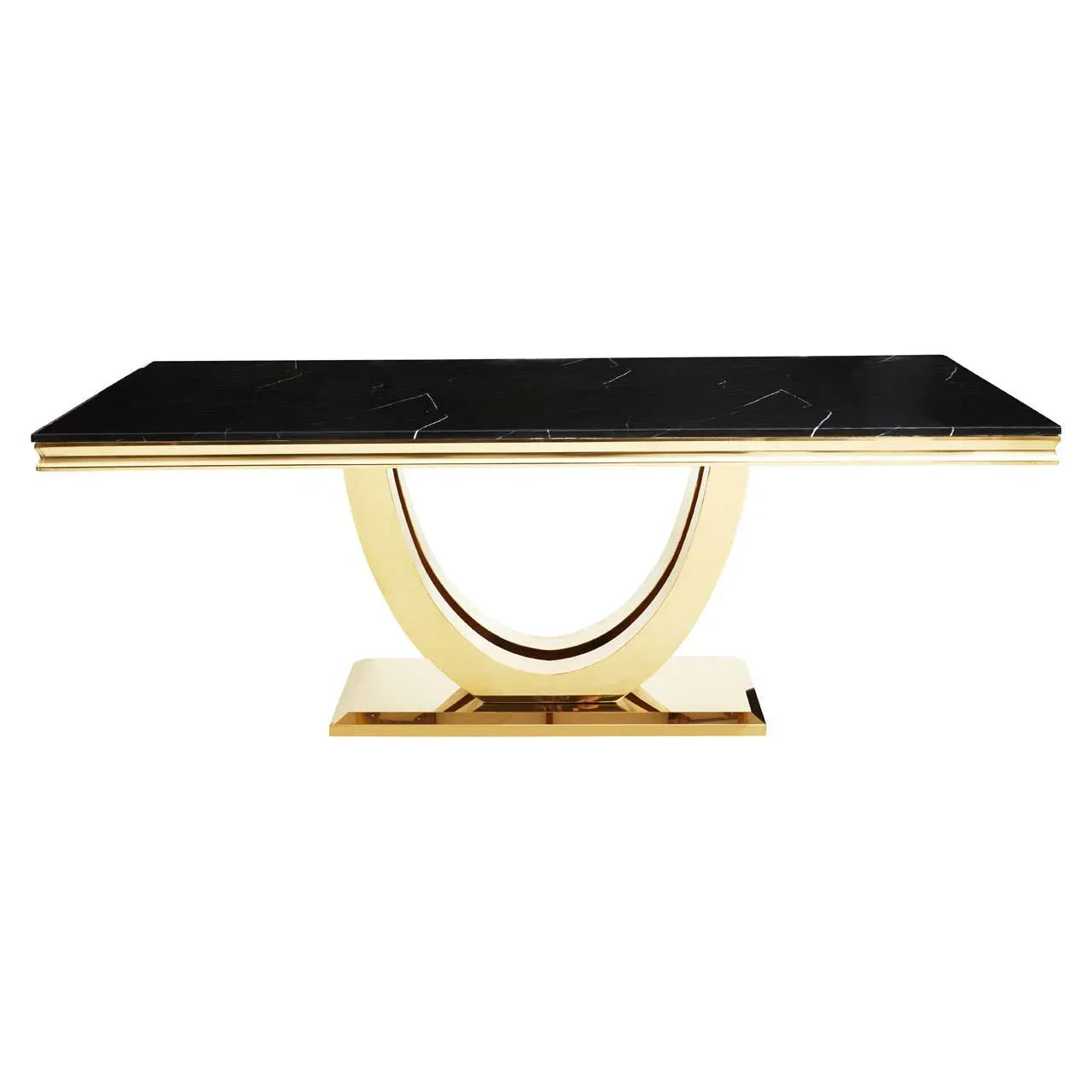Black marble dining table with gold metal base and modern U-shaped design