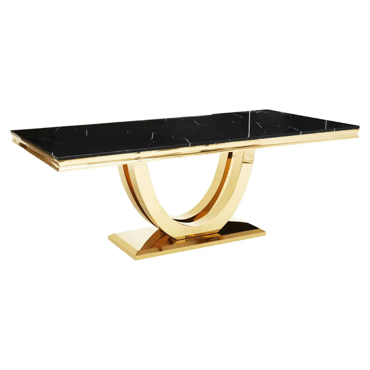 Modern dining table with black marble top and gold U-shaped base
