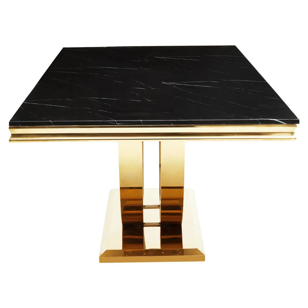 Square black marble dining table with gold pedestal base, front view