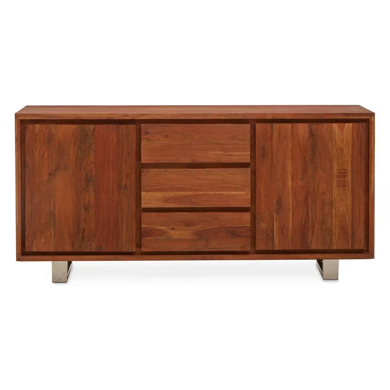 Solid wood sideboard with three central drawers and two doors on silver metal legs