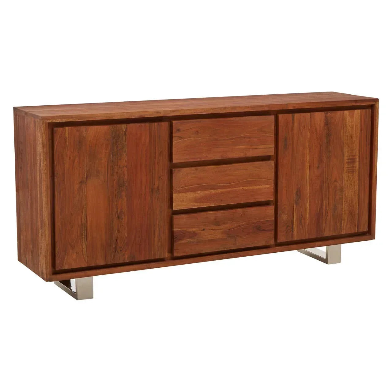 Solid wood sideboard with two doors and three central drawers on metal legs
