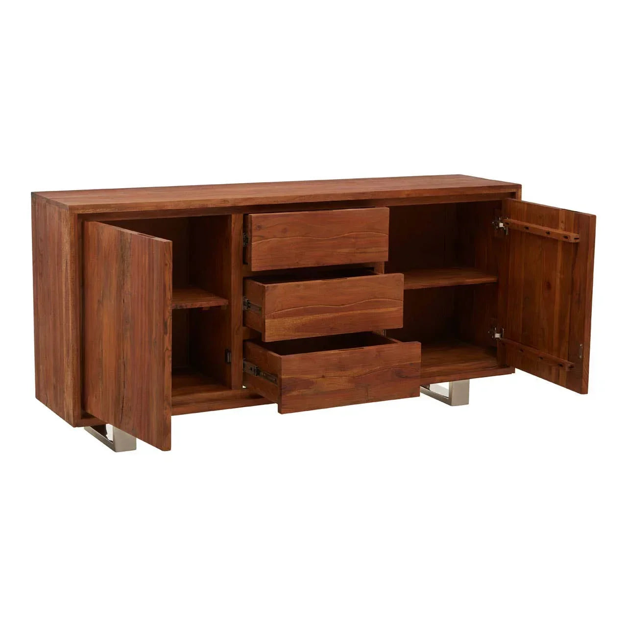 Acacia wood sideboard with open drawers and cupboard doors on metal legs