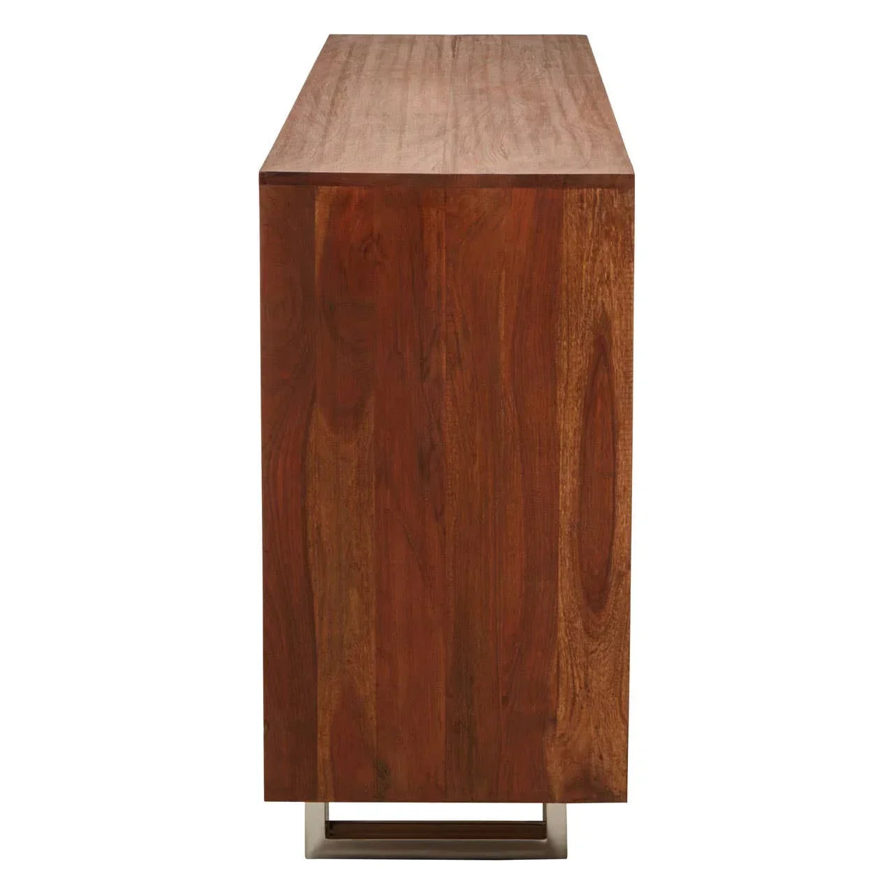 Side view of wooden sideboard with grain texture and metal base
