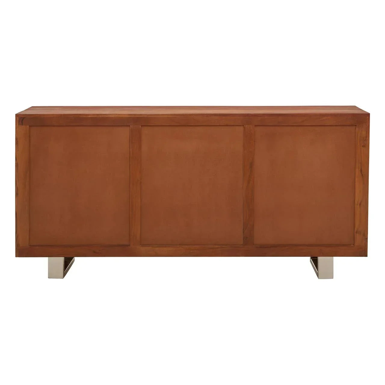 Rear view of wooden sideboard with panel design and chrome legs
