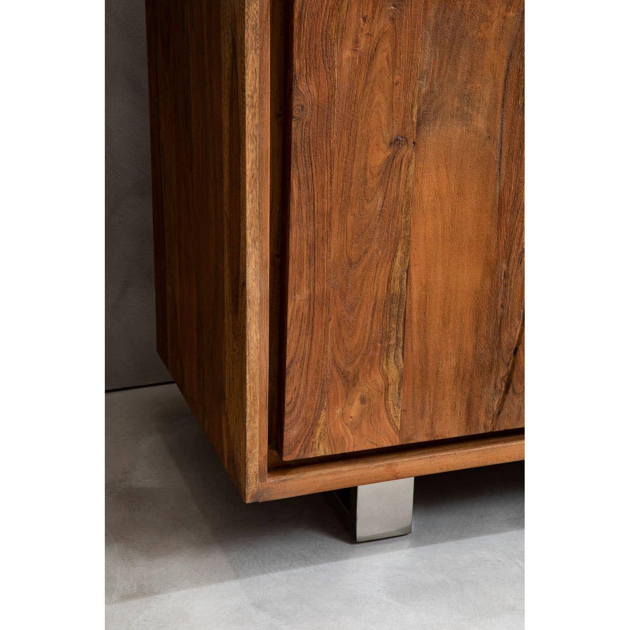 Solid wood sideboard corner with steel leg on grey floor