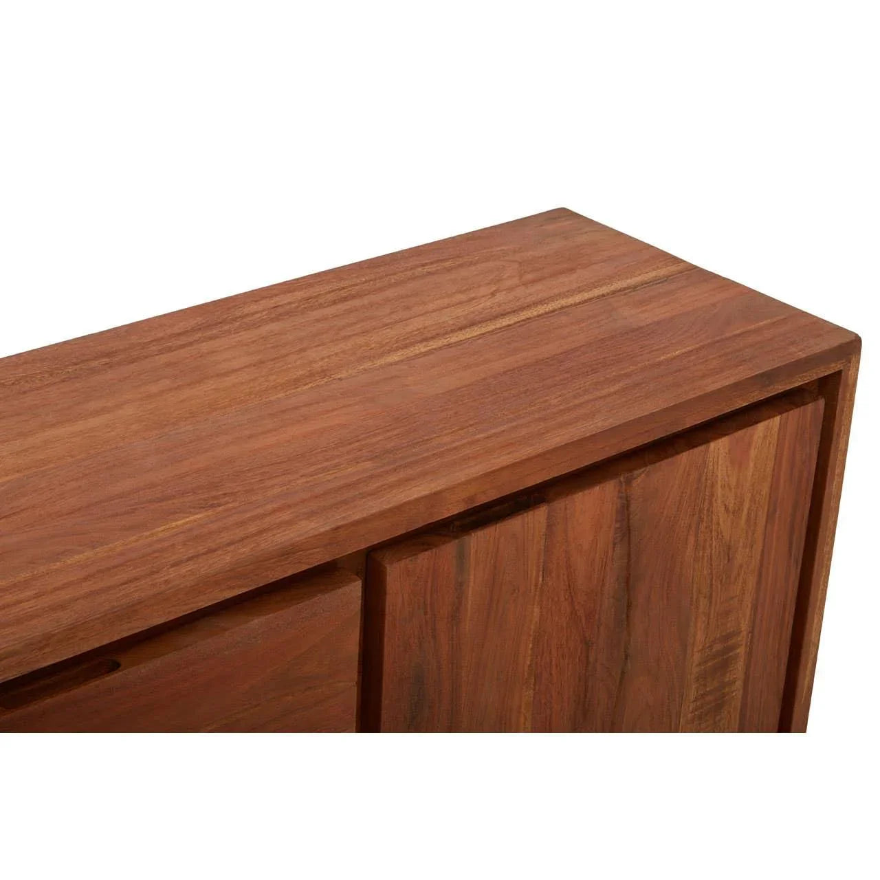 Close up of wooden sideboard corner showing natural wood grain and smooth finish