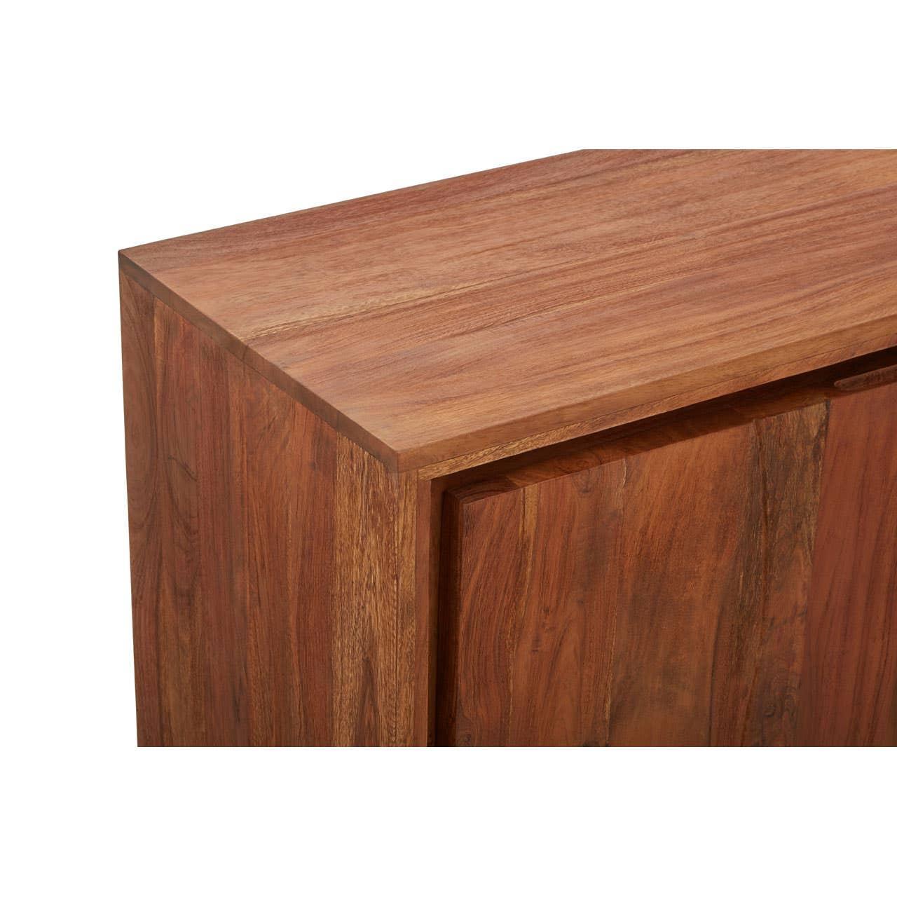 Close view of wooden sideboard cabinet corner with natural grain finish
