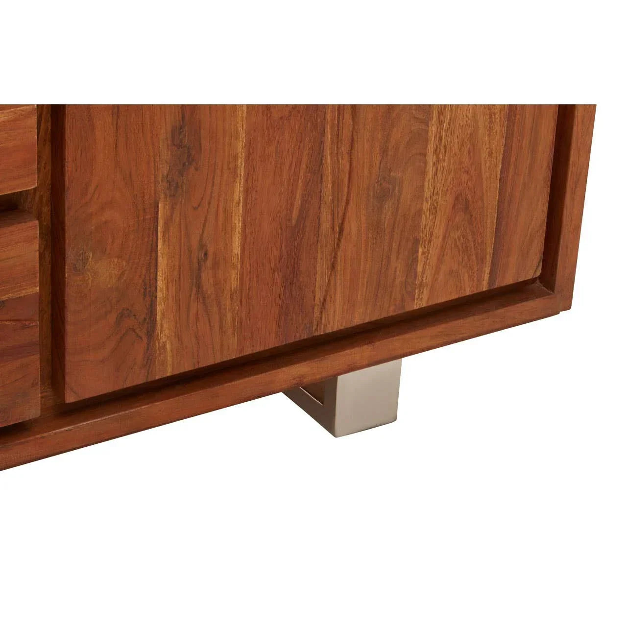 Wooden cabinet with metal leg and natural grain finish, side angle view