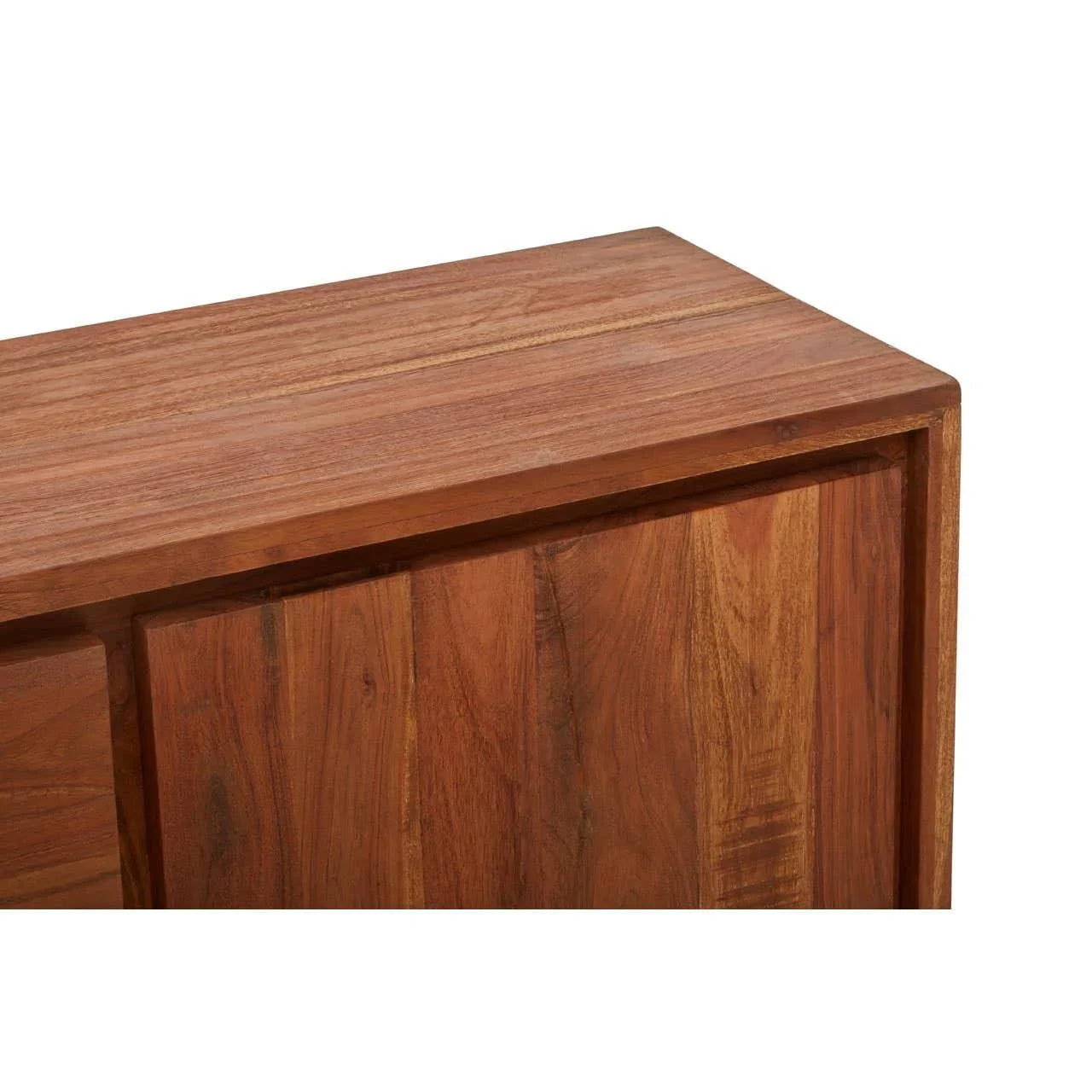 Close view of solid wood sideboard with natural grain finish and clean edges