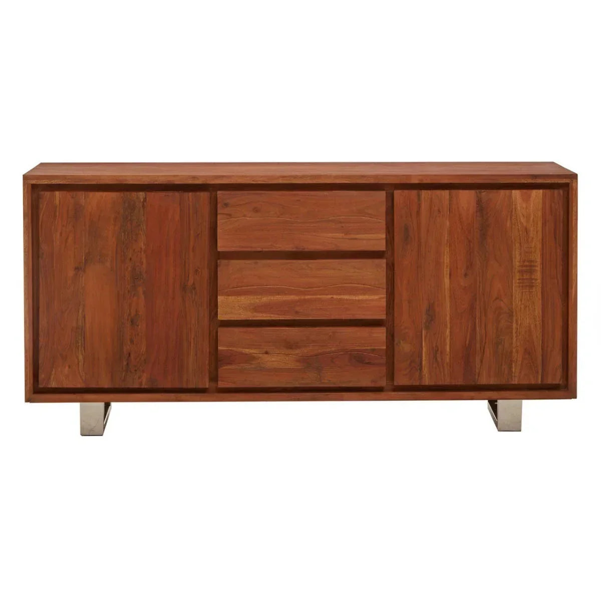 Solid wood sideboard with three central drawers and two cabinets on chrome legs
