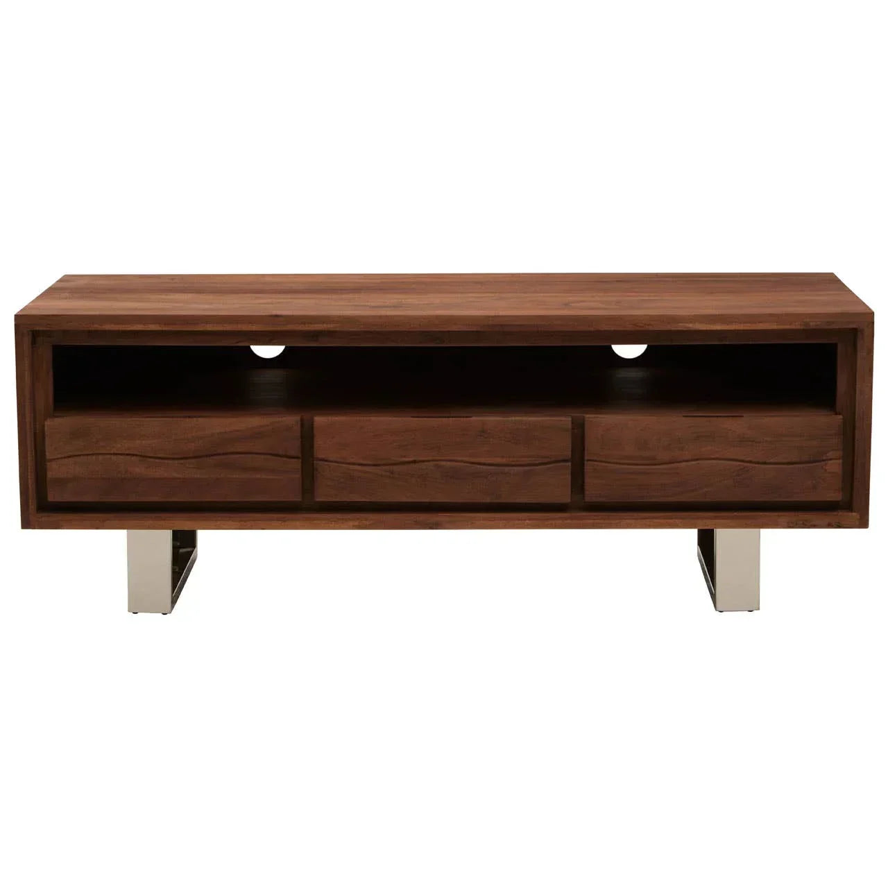 Walnut wood TV unit with three drawers, open shelf and chrome metal legs, front view