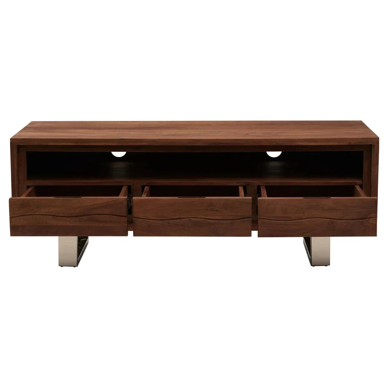 Walnut wood TV unit with open shelf, three drawers, and chrome legs front view