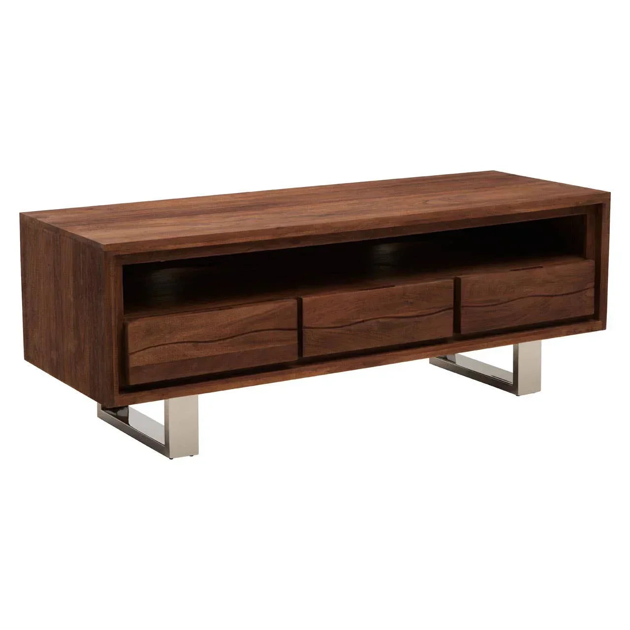 Walnut TV unit with open shelf, three drawers, and chrome legs