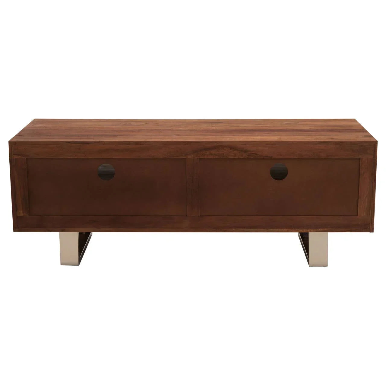 Walnut wood coffee table with metal legs and two drawers, front view
