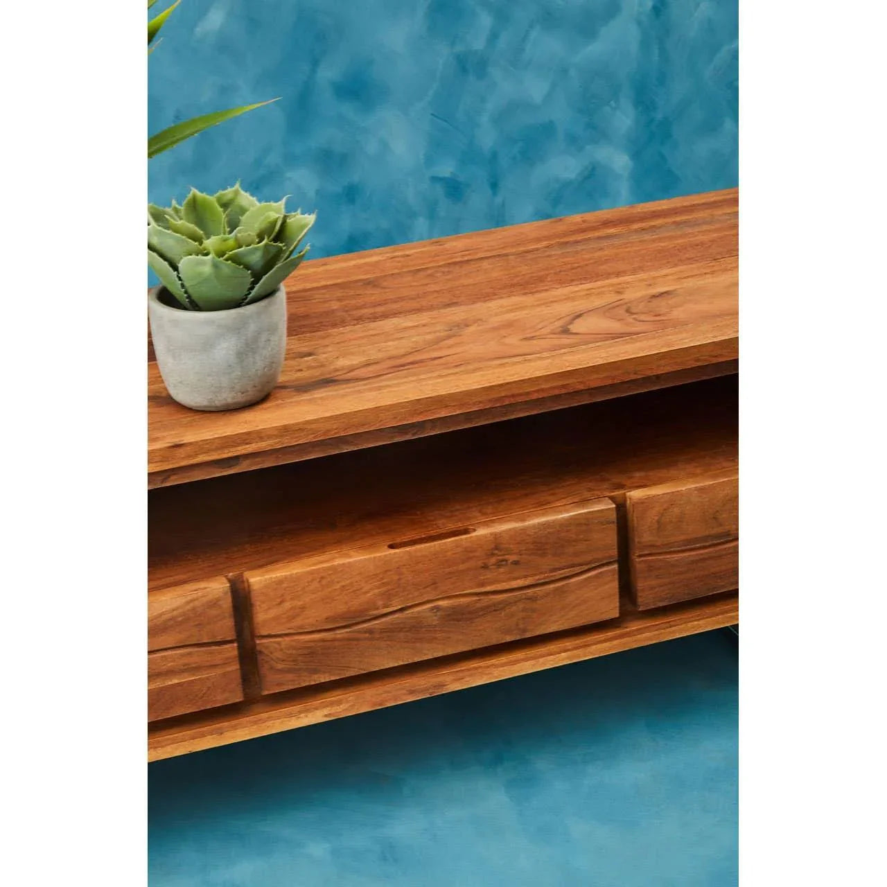 Wooden TV unit with drawers and open shelf, potted plant on top, blue background