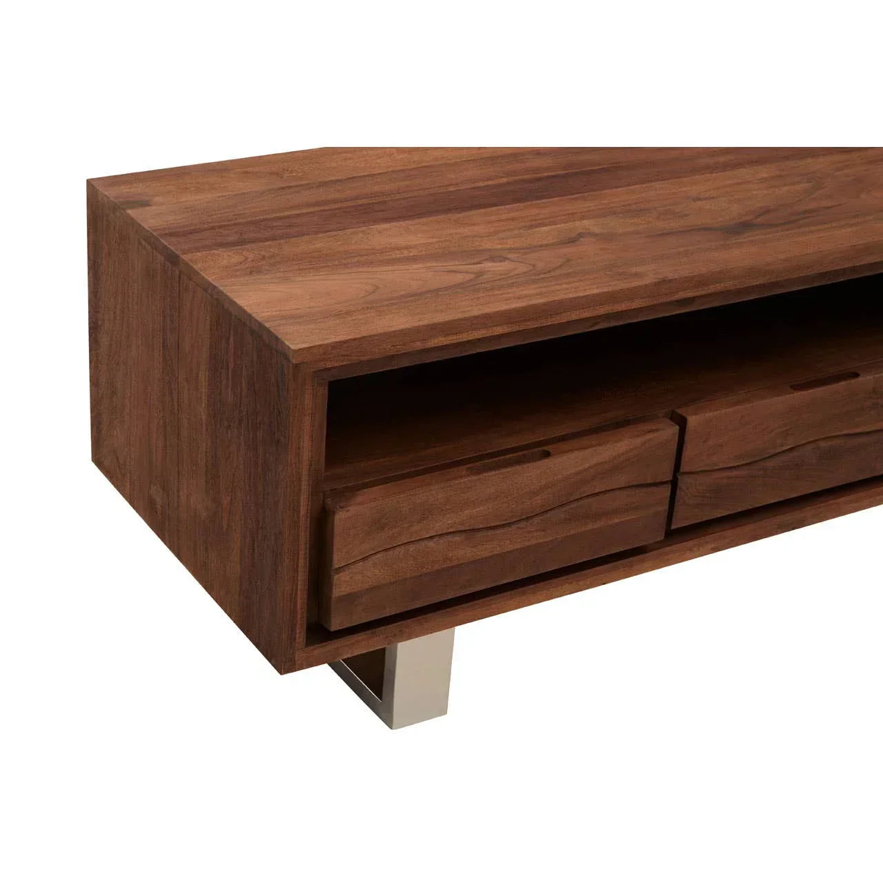 walnut wood TV unit with open shelf, wave front drawers, and chrome metal leg