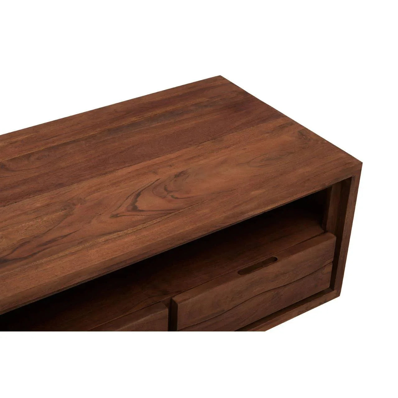 Solid wood TV unit corner view with open shelf and drawer