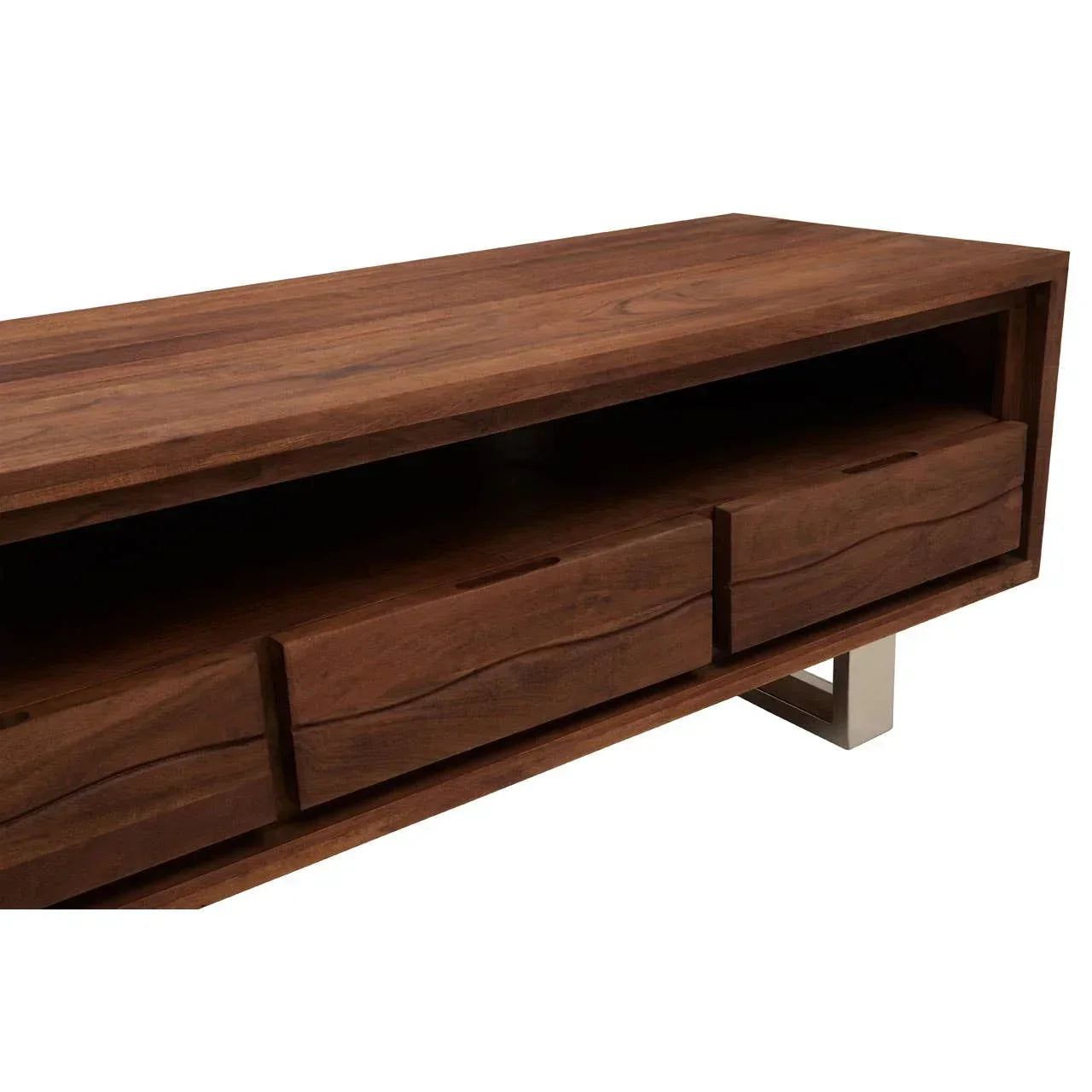 Walnut TV unit with metal legs, three drawers and open shelf, close side view