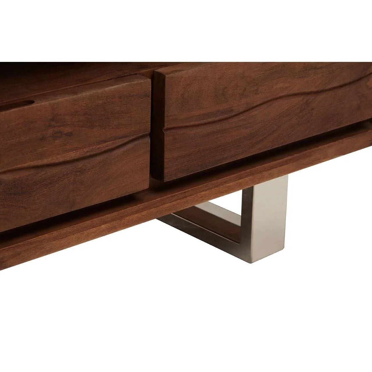close up of wooden sideboard drawers with wavy front detail and metal leg base