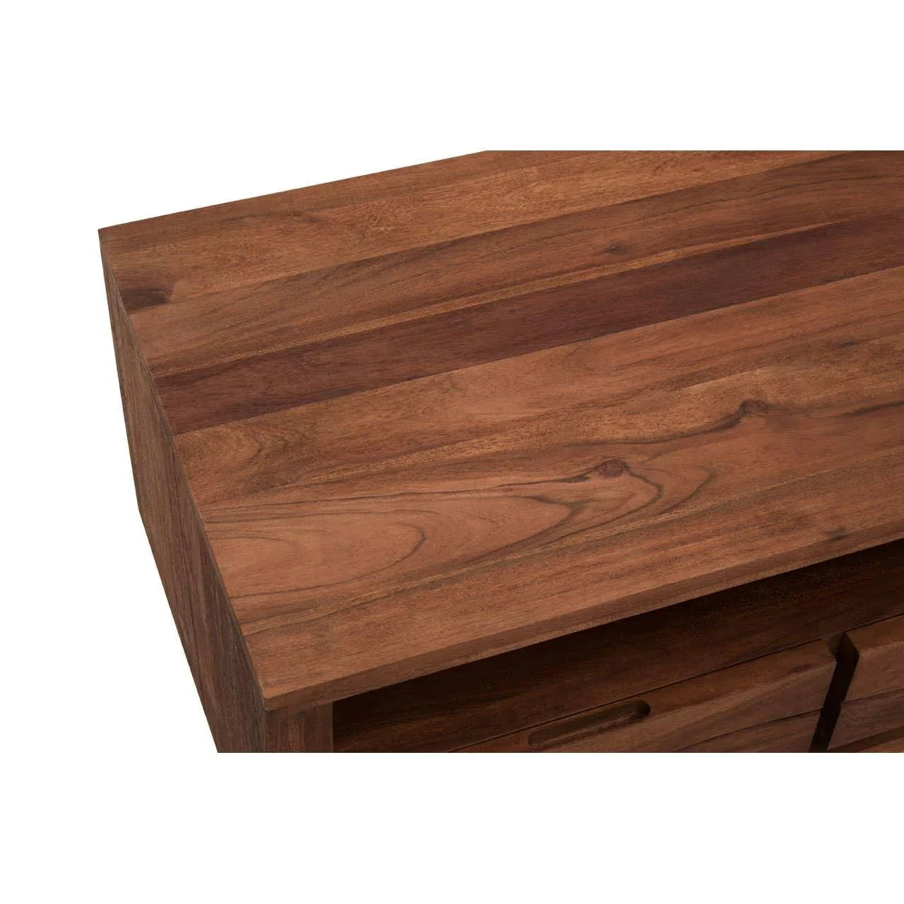 Closeup of solid wood sideboard top with visible wood grain and natural finish