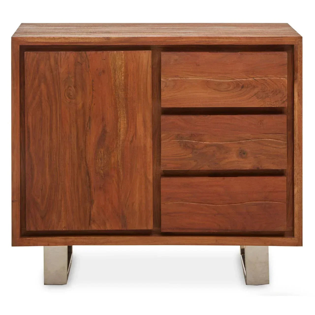 Wooden sideboard with natural grain, single cabinet door and three drawers, metal legs