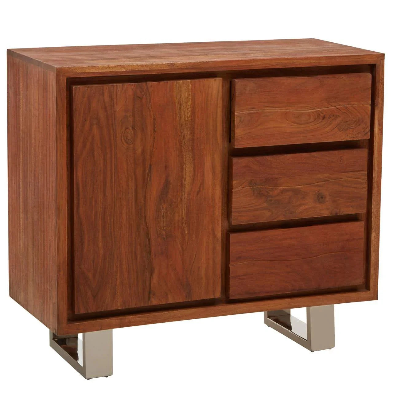 Solid wood sideboard with three drawers, one door, and chrome legs, front angle view