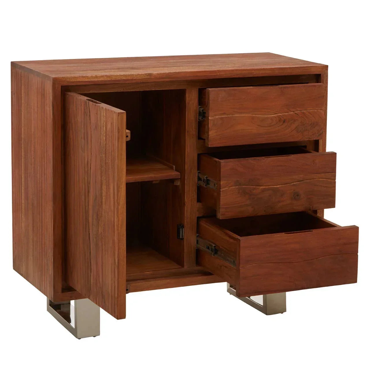 Solid wood sideboard with metal legs, open cabinet door and three open drawers