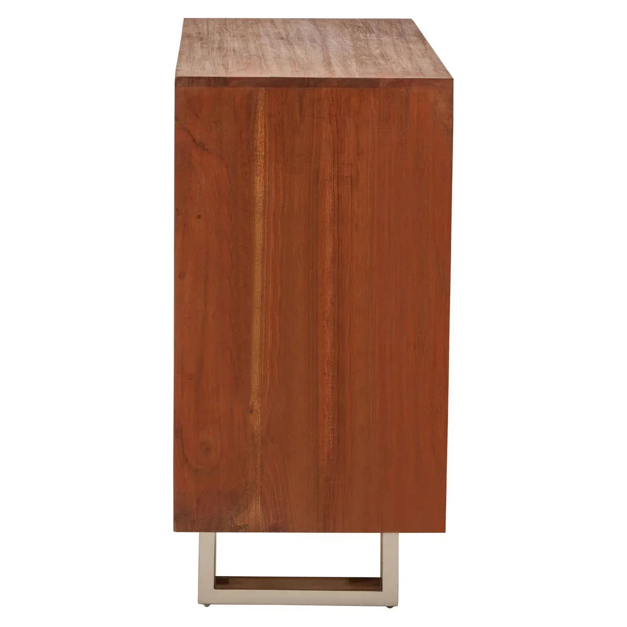 Side view of wooden sideboard with metal base, showing natural wood grain and modern design