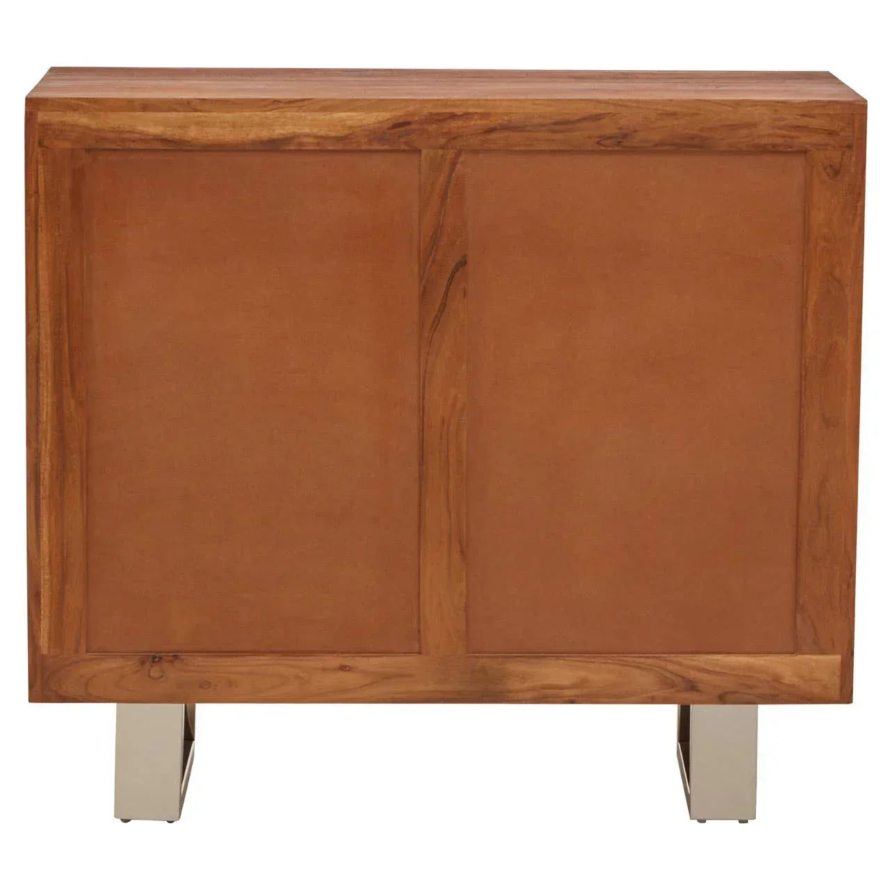 Rear view of wooden sideboard with natural finish and chrome legs