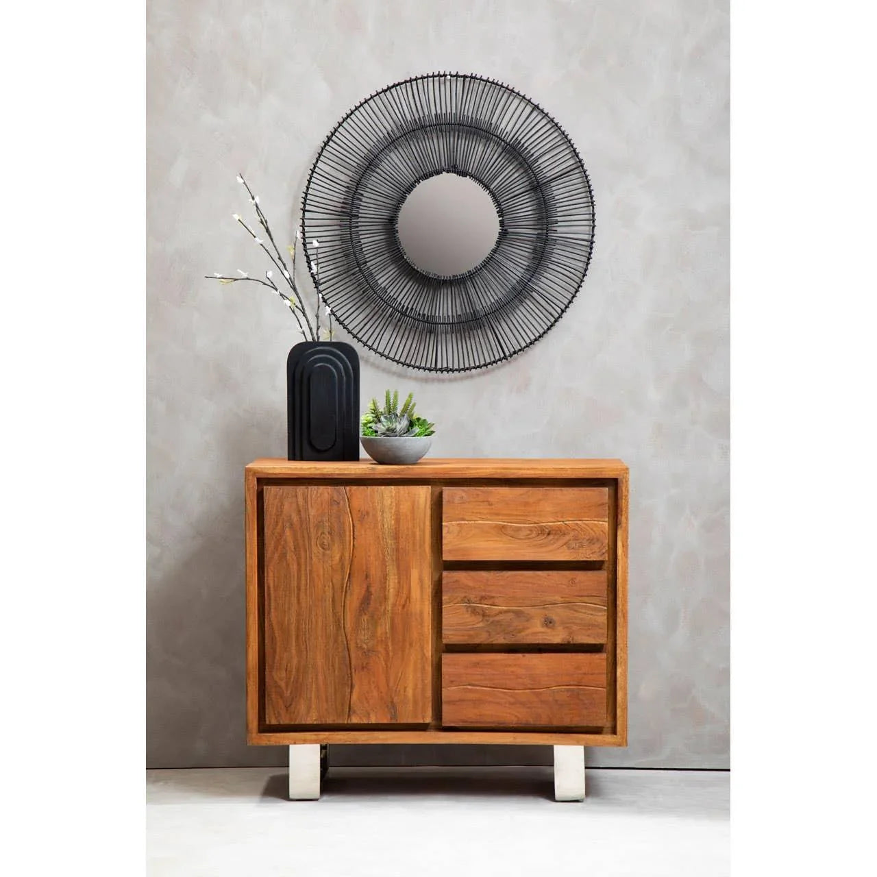 Solid wood sideboard with three drawers, metal legs, and wall mirror above