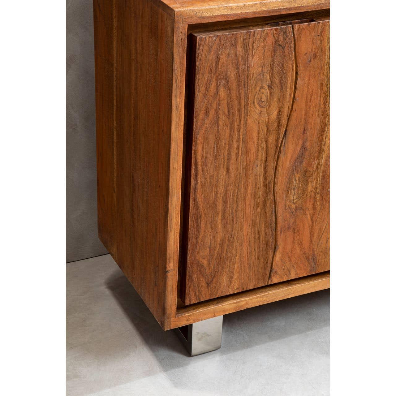 Solid wood sideboard cabinet with natural grain and metal leg detail