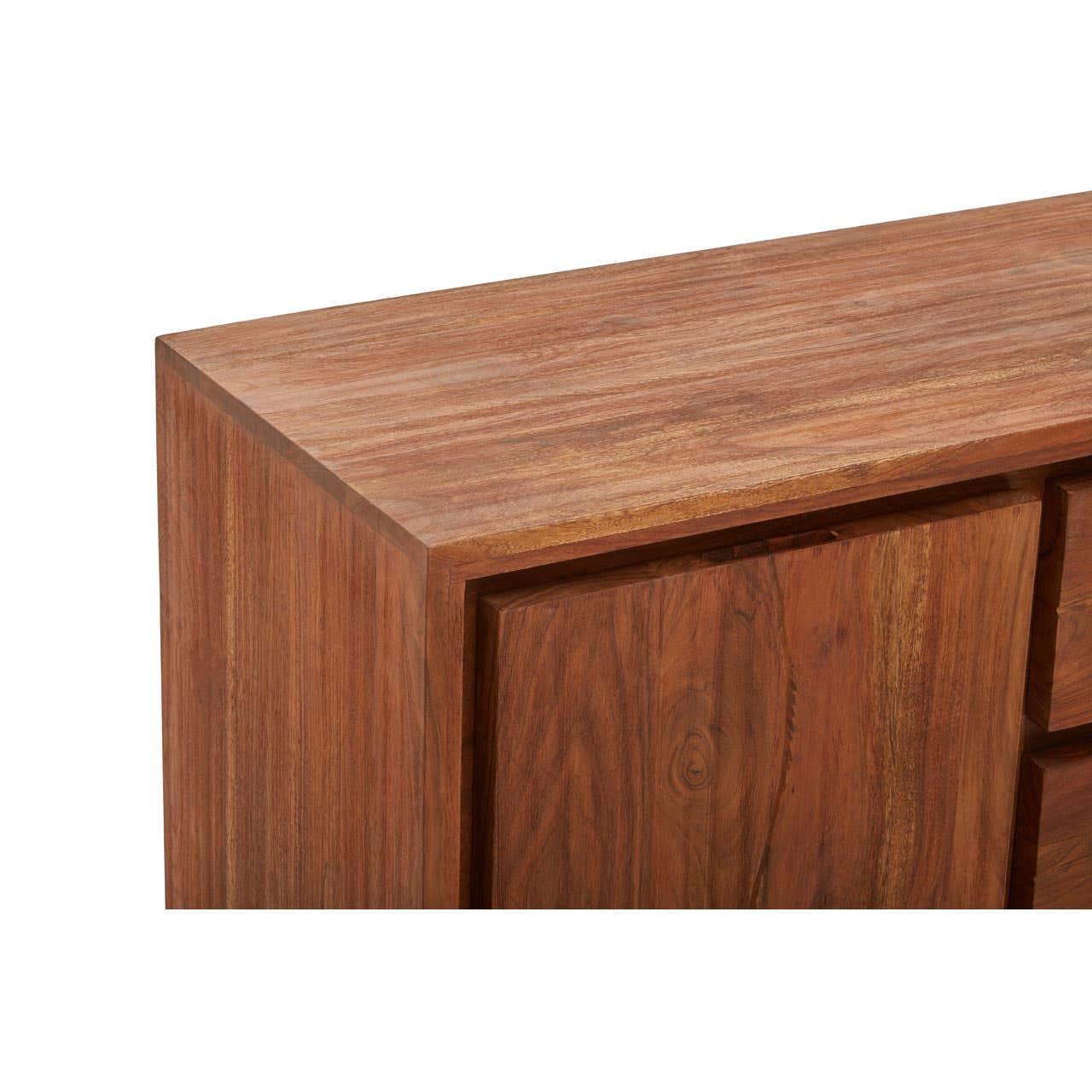 Closeup of wooden sideboard cabinet with smooth grain and flat top surface