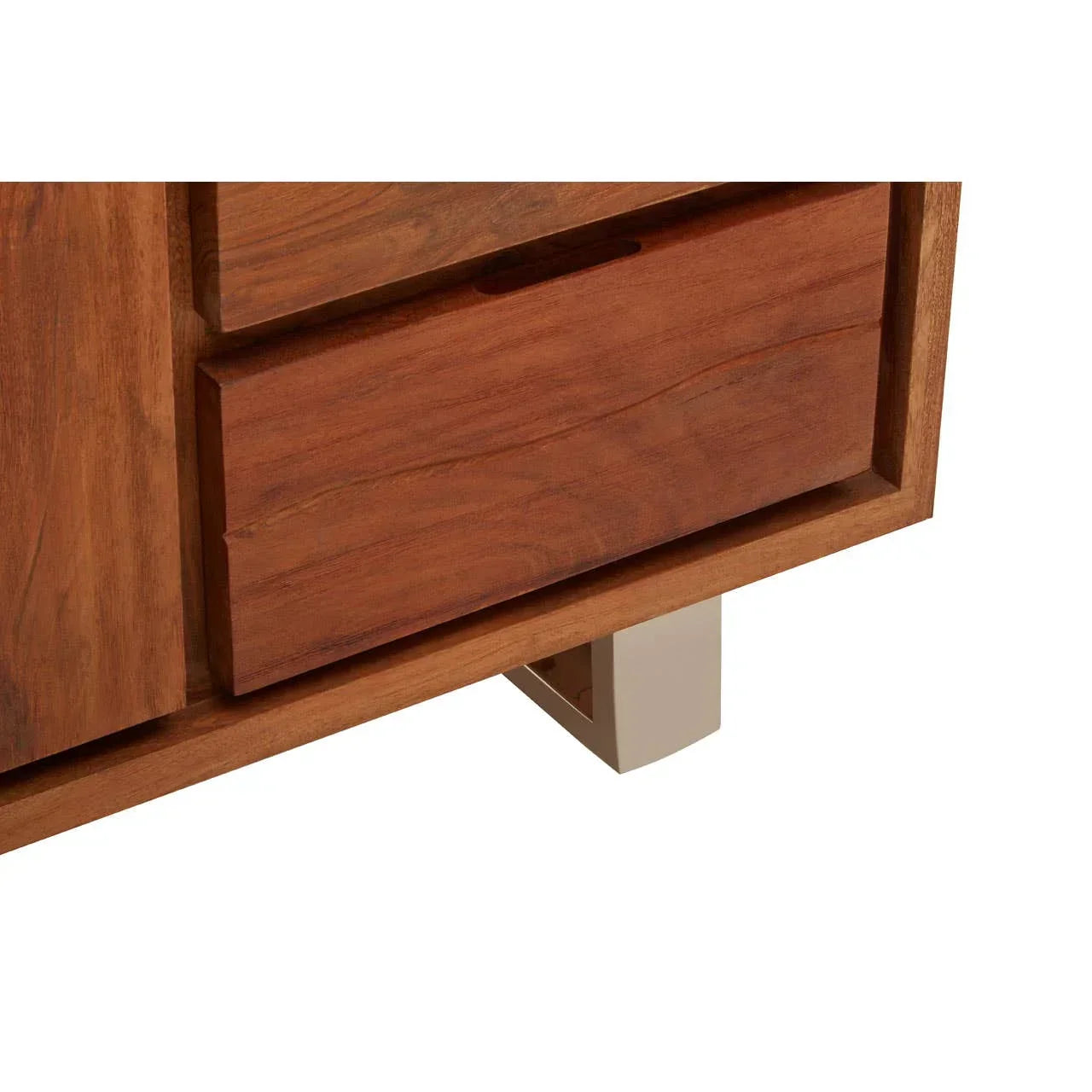 solid wood sideboard drawer with visible wood grain and metal leg detail