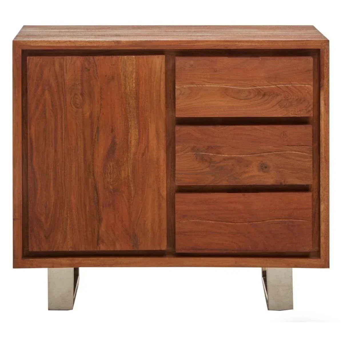 Wooden sideboard with three drawers, single cabinet door, and chrome legs