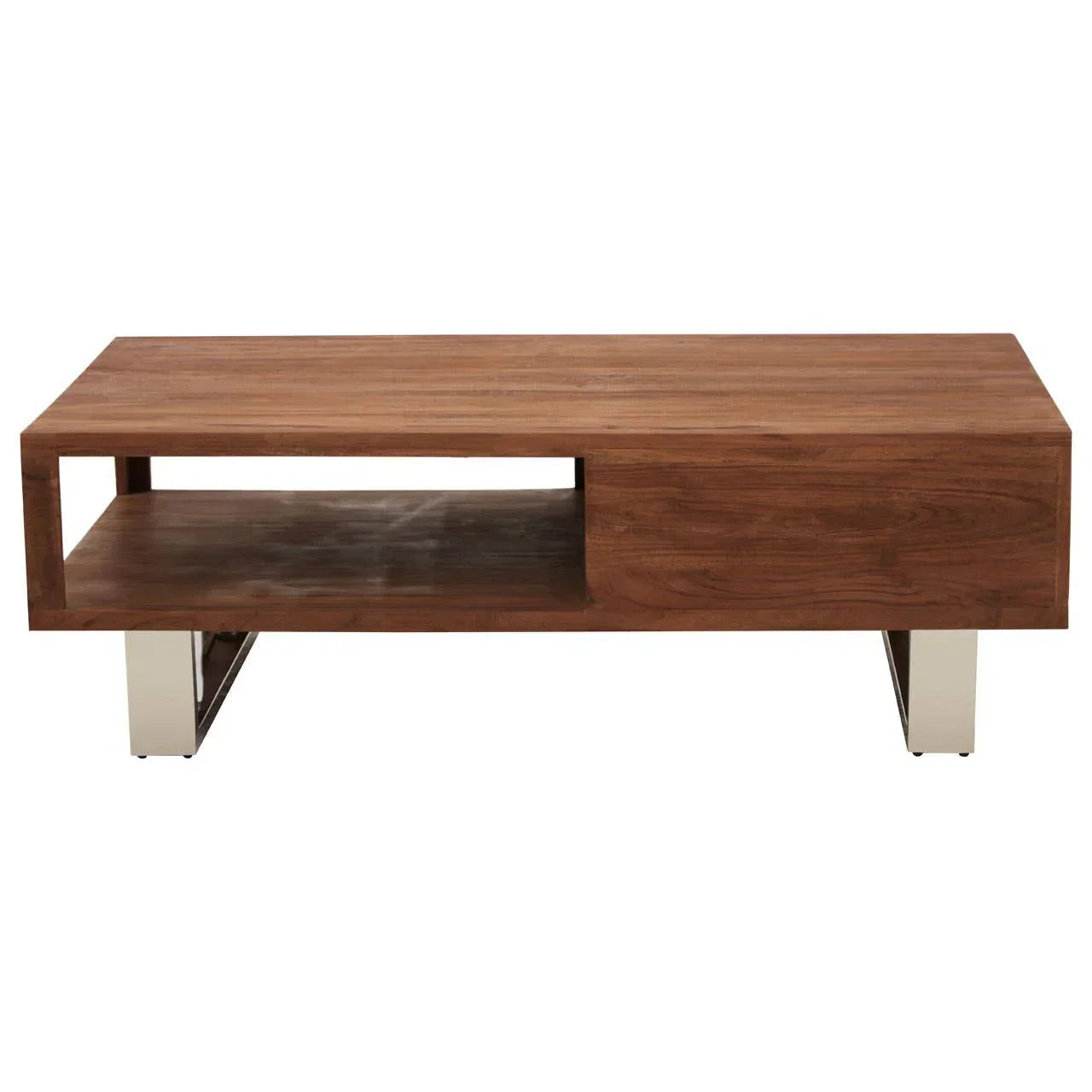 Rectangular walnut coffee table with open shelf and chrome legs, front view