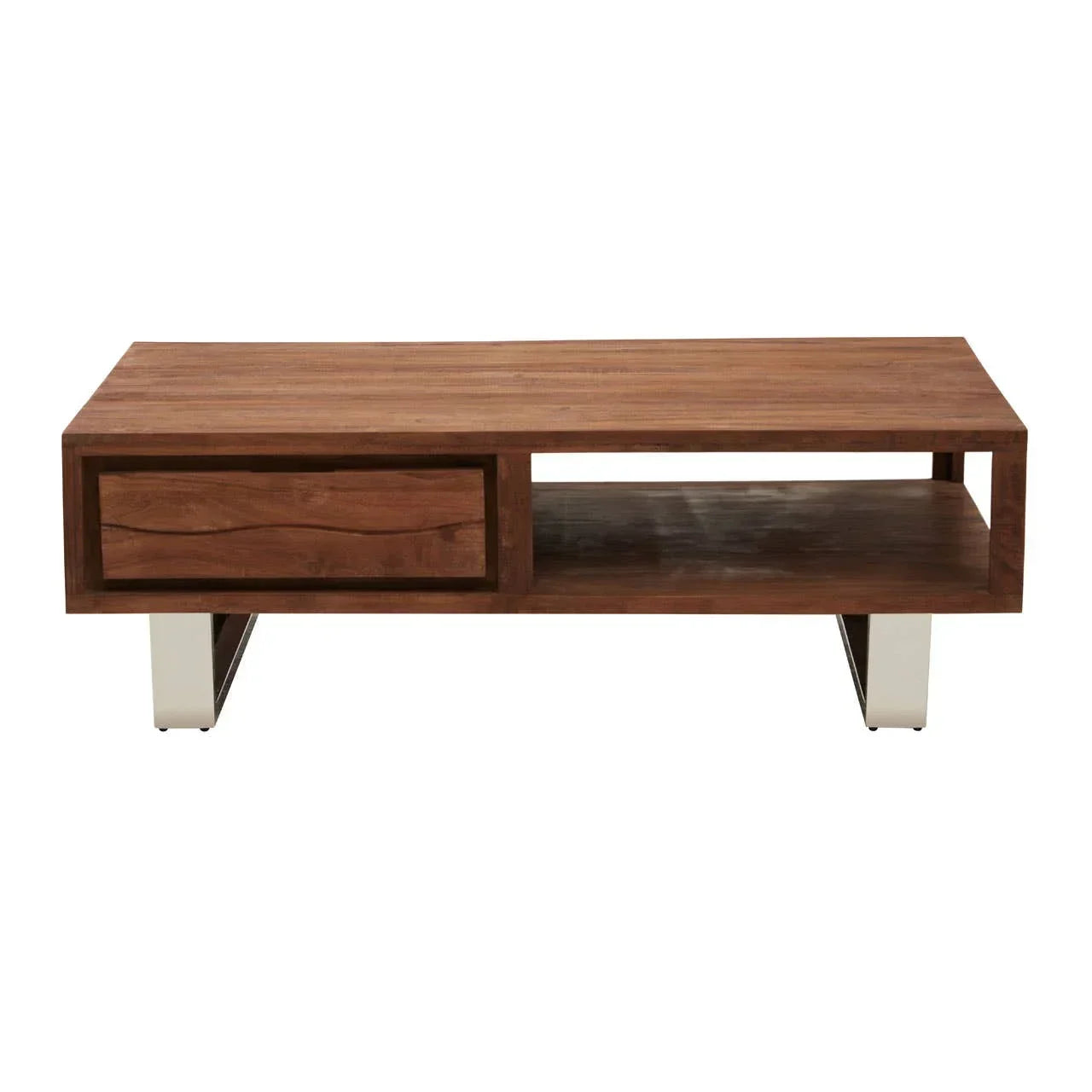 Rectangular wooden coffee table with drawer, open shelf and metal legs, front view