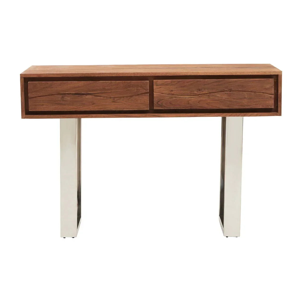 Walnut console table with two drawers and chrome legs, front view