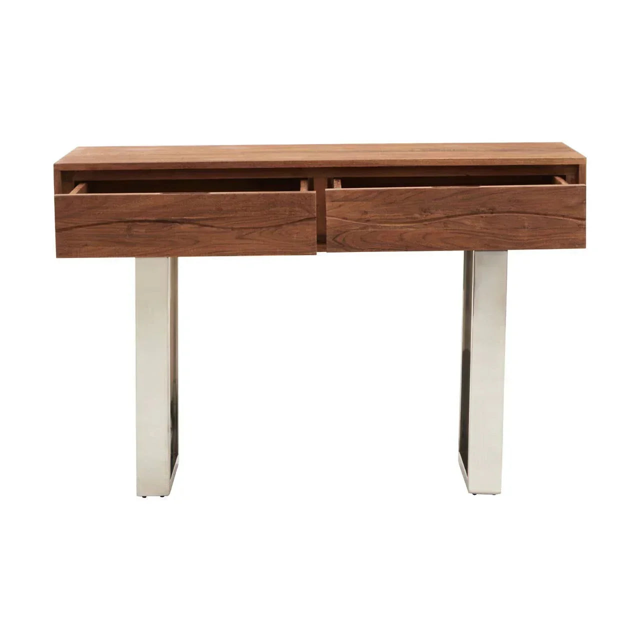 Walnut console table with two open drawers and chrome legs, modern hallway furniture
