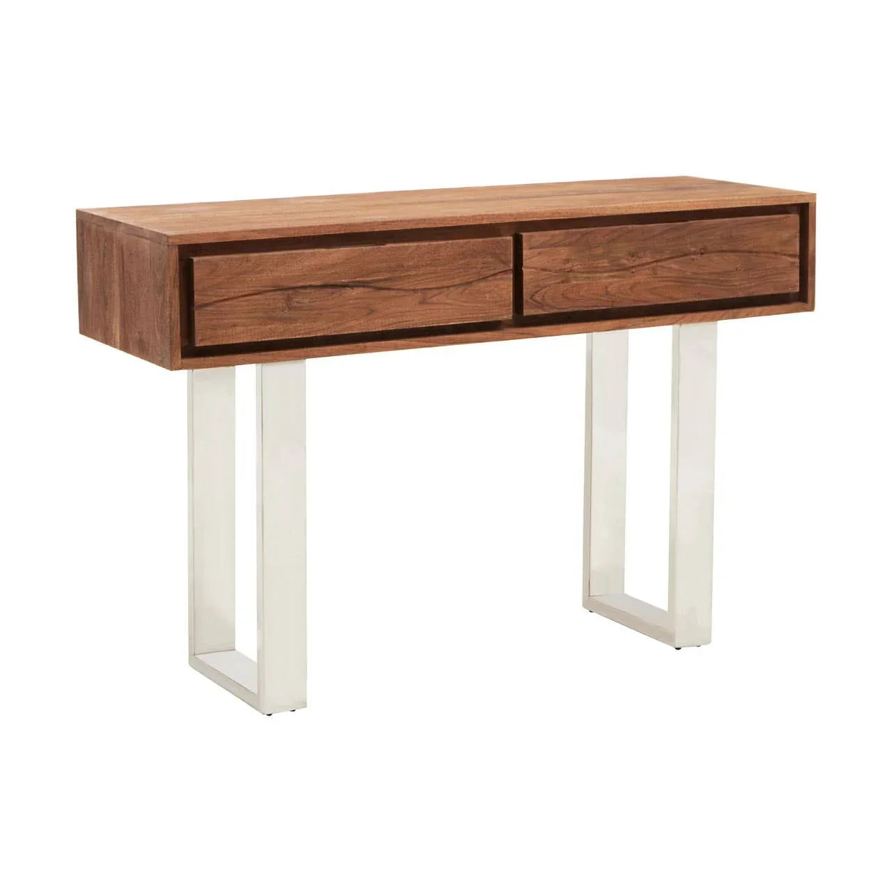 Wood console table with two drawers and metal legs, modern hallway furniture